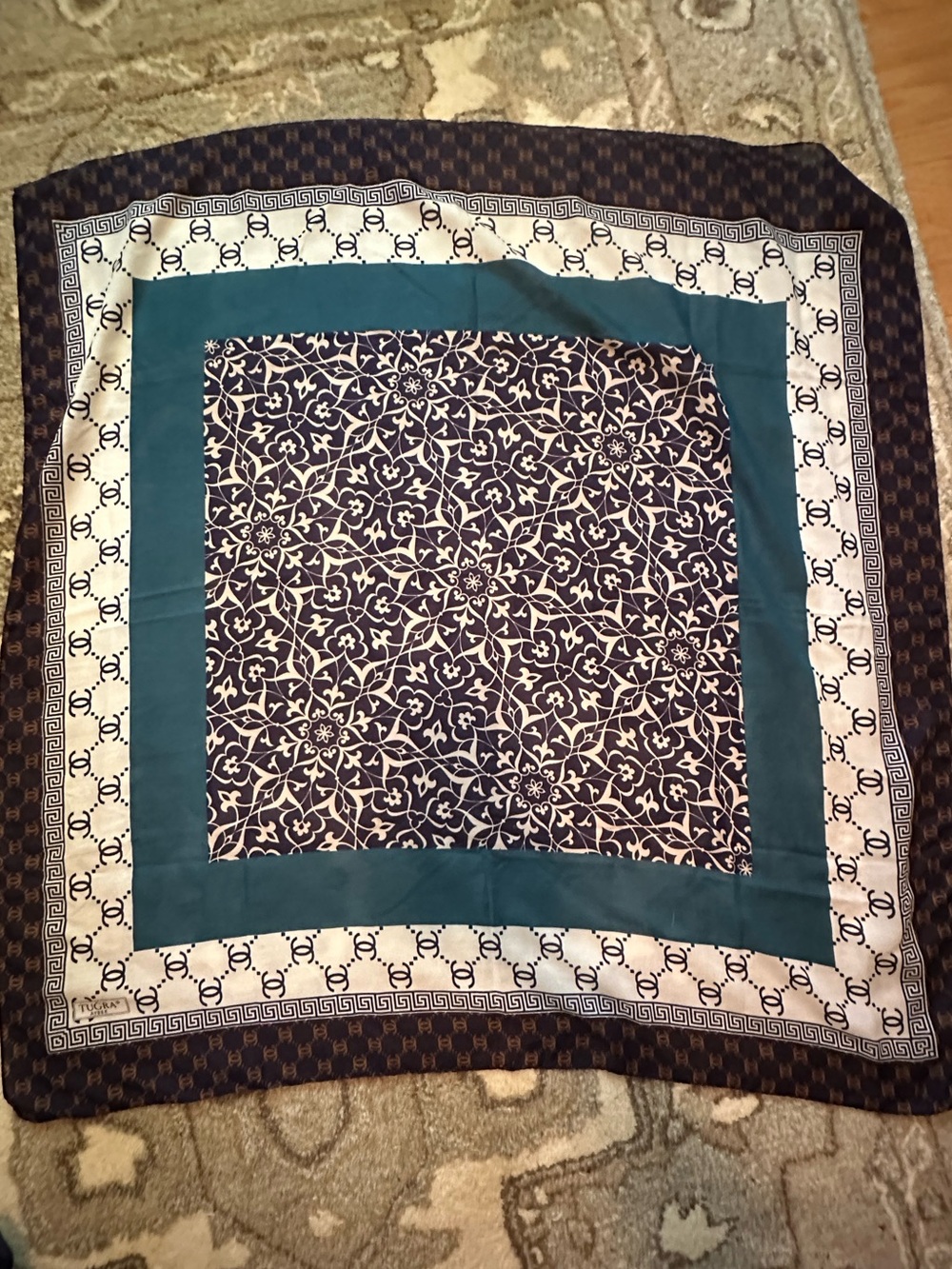 TUGRA AYBEK Navy & Teal Pattern Square Scarf w/ interlocking CC pattern Turkish